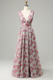 Grey and Pink Floral Long Bridesmaid Dress
