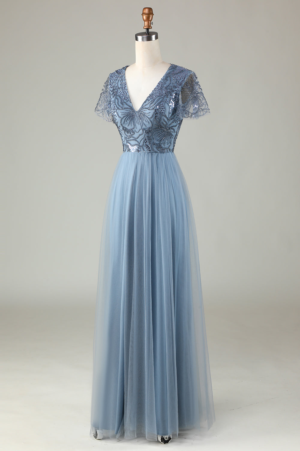 A-Line Dusty Blue Bridesmaid Dress with Beading