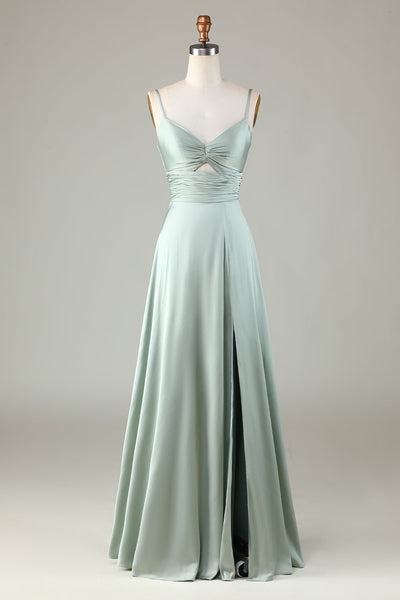 Green A Line Pleated Strapless Keyhole Maxi Bridesmaid Dress With Slit