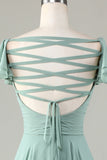 Lace-Up Back Matcha Bridesmaid Dress with Ruffles