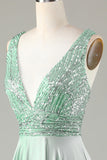 Sparkly V-Neck Matcha Bridesmaid Dress with Sequins