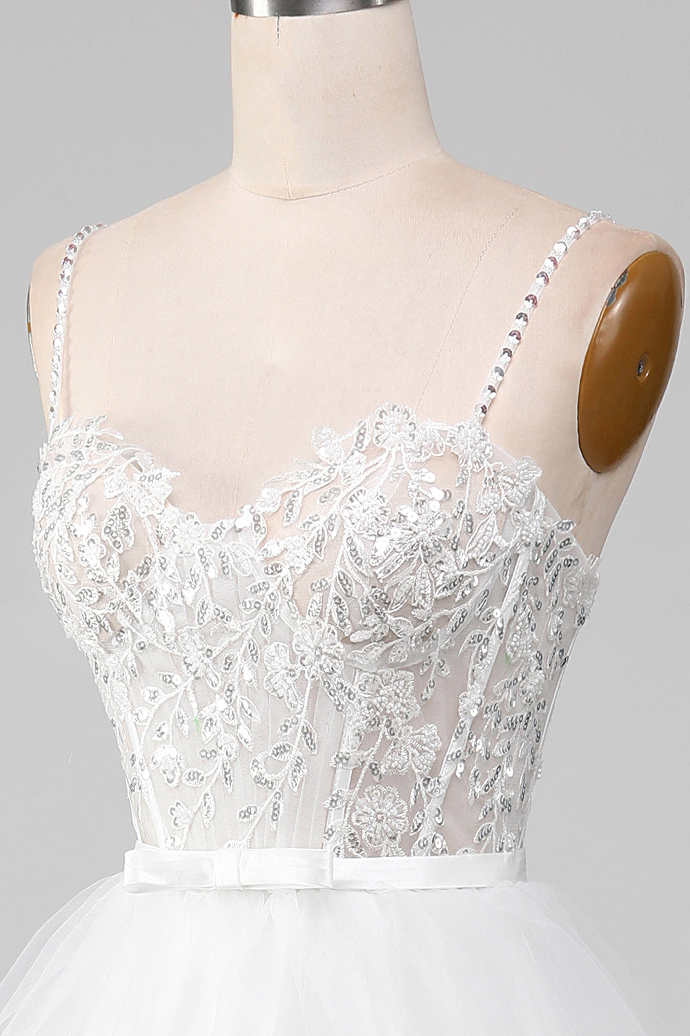 White A-Line Sparkly Sequin Ruffle Skirt Corset Prom Dress With Slit