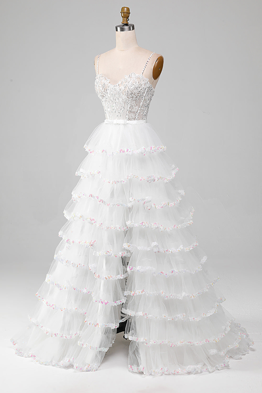 White A-Line Sparkly Sequin Ruffle Skirt Corset Prom Dress With Slit