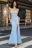 Light Blue Mermaid Sweetheart Appliques Long Corset Prom Dress With Slit