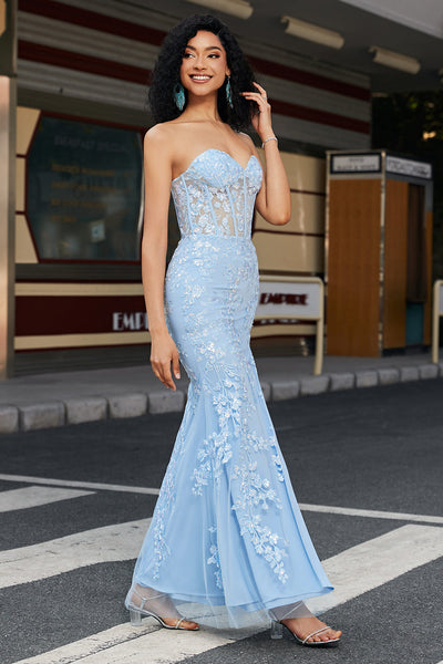 Light Blue Mermaid Appliqued Corset Long Prom Dress With Slit