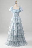 A Line Square Neck Light Blue Tiered Prom Dress with Ruffles