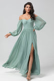 Off the Shoulder Long Sleeves Green Bridesmaid Dress with Slit