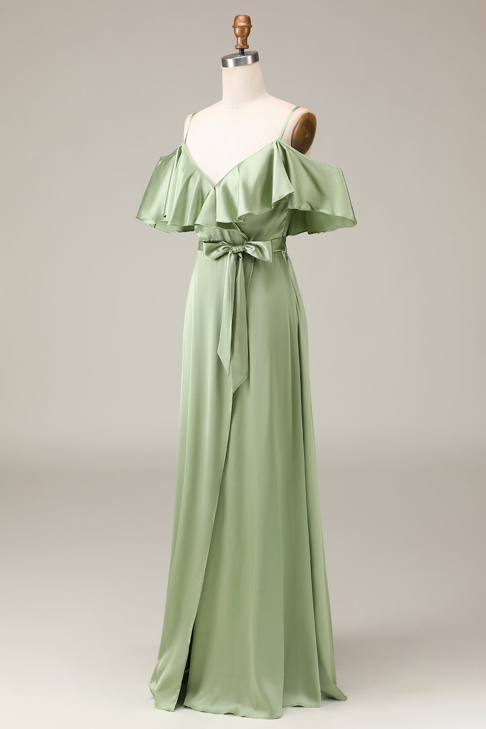 Matcha Spaghetti Straps Cold Shoulder A-line Satin Bridesmaid Dress
