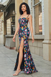 Black Mermaid Flower Embroidered Long Prom Dress With Slit