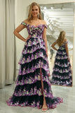Black Pink A Line Off the Shoulder Long Tiered Prom Dress
