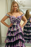 Black Pink A Line Off the Shoulder Long Tiered Prom Dress