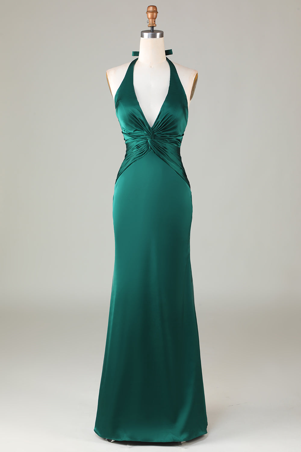 Leely Women Dark Green Bridesmaid Dress Mermaid Halter Twist Front Satin Long Evening Gala Formal Dress