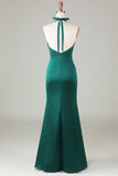 Mermaid Halter Dark Green Front Twist Maxi Bridesmaid Dress