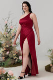 Burgundy Plus Size One Shoulder Long Bridesmaid Dress