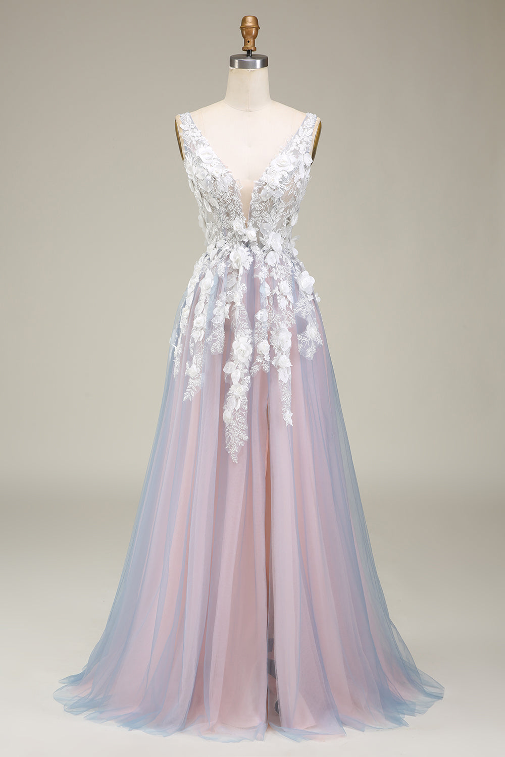 Leely Women Grey Pink Long Appliqued Prom Dress With Slit A Line V Neck Evening Dress