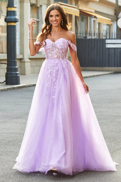Lilac - A Line Strapless Chiffon Beaded Corset Long Prom Dress With Slit