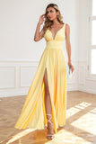 Classic A Line V Neck Yellow Long Prom Dress with Slit