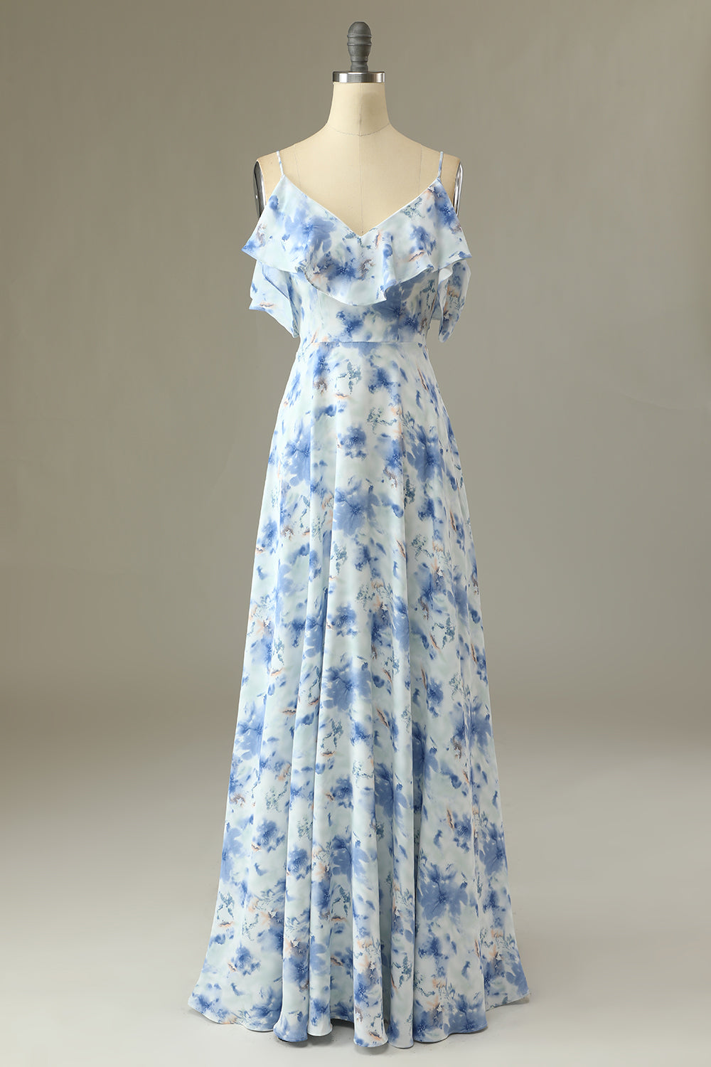 Blue A Line Cold Shoulder Floral Print Maxi Bridesmaid Dress