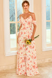 Blue Cold Shoulder Floral Print Maxi Bridesmaid Dress