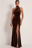 Navy Mermaid Halter Neck Maxi Formal Dress with Slit