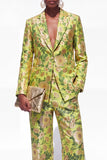 Single Breasted Blue Notched Lapel 2 Piece Floral  Business Suits with Pockets