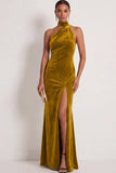 Navy Mermaid Halter Neck Maxi Formal Dress with Slit