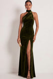 Navy Mermaid Halter Neck Maxi Formal Dress with Slit