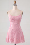 Blue Floral Appliqued Spaghetti Straps A-Line Short Cocktail Dress