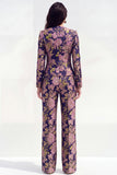 2 Piece Round Neck Green Flower Single Breasted Business Suits with Pockets