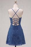Blue Floral Appliqued Spaghetti Straps A-Line Short Cocktail Dress