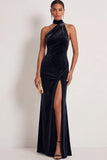 Navy Mermaid Halter Neck Maxi Formal Dress with Slit