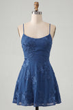 Blue Floral Appliqued Spaghetti Straps A-Line Short Cocktail Dress