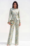 2 Piece Round Neck Green Flower Single Breasted Business Suits with Pockets