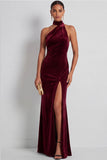 Navy Mermaid Halter Neck Maxi Formal Dress with Slit