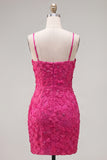 Sparkly Pink Beaded Short Bodycon Floral Cocktail Dress with Bow