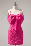 Sparkly Pink Beaded Short Bodycon Floral Cocktail Dress with Bow