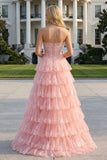 Floral Blush Tiered A Line Tulle Ruffled Maxi Corset Prom Dress with Slit