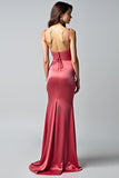 Watermelon Spaghetti Straps Sheath Ruched Long Formal Dress