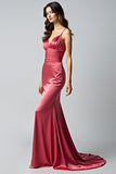 Watermelon Spaghetti Straps Sheath Ruched Long Formal Dress