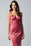 Watermelon Spaghetti Straps Sheath Ruched Long Formal Dress