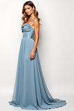 A Line Dusty Blue Chiffon High Waist Wedding Guest Dress with Ruffles