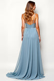 A Line Dusty Blue Chiffon High Waist Wedding Guest Dress with Ruffles