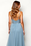 A Line Dusty Blue Chiffon High Waist Wedding Guest Dress with Ruffles