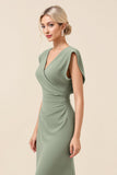 Sheath Chiffon Eucalyptus V-Neck Long Bridesmaid Dress with Slit