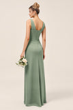 Satin Eucalyptus Sheath V Neck Ruched Maxi Bridesmaid Dress with Slit