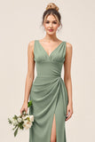 Satin Eucalyptus Sheath V Neck Ruched Maxi Bridesmaid Dress with Slit