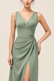 Satin Eucalyptus Sheath V Neck Ruched Maxi Bridesmaid Dress with Slit