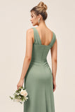 Satin Eucalyptus Sheath V Neck Ruched Maxi Bridesmaid Dress with Slit