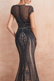 Glitter Silver Mermaid Beaded Long Prom Dress With Embroidery
