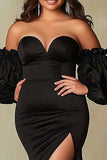 Black Strapless Mermaid Puff Sleeves Plus Size Prom Dress with Slit